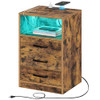 Seventable Nightstand with Wireless Charging Station LED Lights 3 Drawers Brown New
