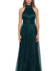 Betsy & Adam Mock Neck Metallic Crinkle Wrap Gown Jade 12