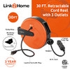 LINK2HOME 30 FT. RETRACTABLE EXTENSION CORD REEL, 3 OUTLETS, MOUNTABLE LA057D
