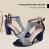 CAMSSOO Women's T-Strap Rhinestones Heeled Sandals, Blue Velvet, Size 42 New