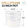 Willowy 12 Inch Ceramic Pot - Matte White with Metallic Gold Stripes