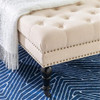 Linon Isabelle Square Upholstered Ottoman Black Legs Natural Beige Fabric New