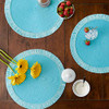 DII Woven Placemat Collection Round, 14.75" Diameter, Aqua Fringe, 6 Pieces New