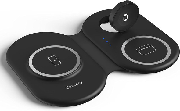 Consasy 3 in 1 Foldable Magnetic Wireless Charger Station - BLACK