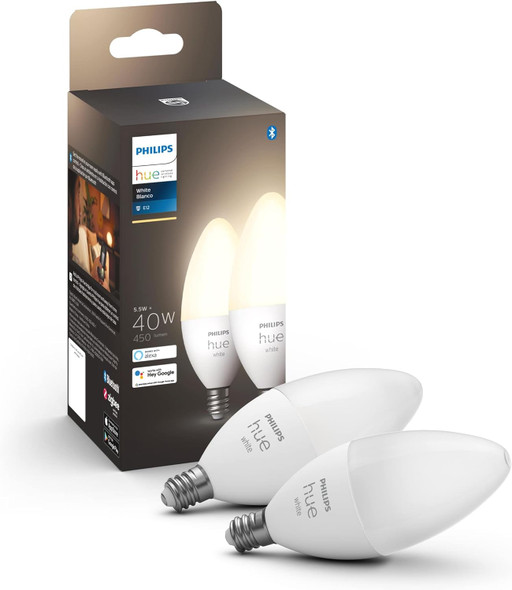 Philips Hue 40W E12 White LED Smart Candle, Pack of 2