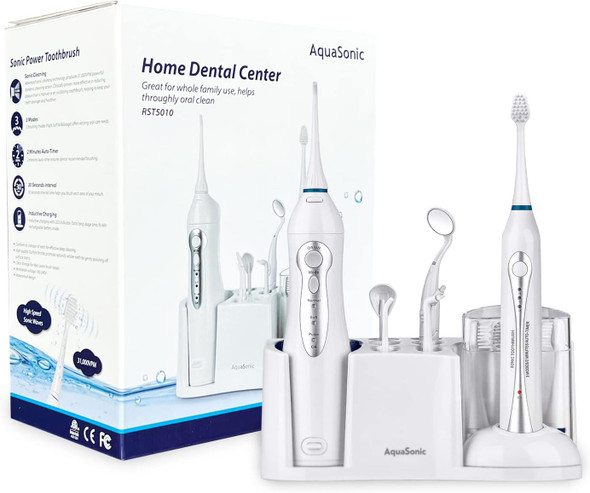 AquaSonic Home Dental Center Rechargeable Power Toothbrush Smart Flosser - White