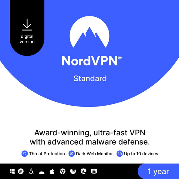NordVPN Standard - 1-Year - VPN & Cybersecurity Software For 10 Devices – Block Malware, Malicious Links & Ads, Protect Personal Information - PC/Mac/Mobile [Digital Delivery]