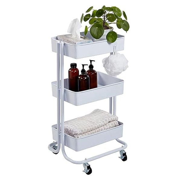 ECR4Kids 3-Tier Metal Rolling Utility Cart Multipurpose Storage - White