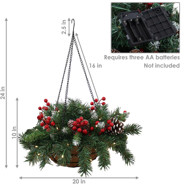 Sunnydaze Pre-Lit Artificial Christmas Hanging Basket VTY-990 - Black