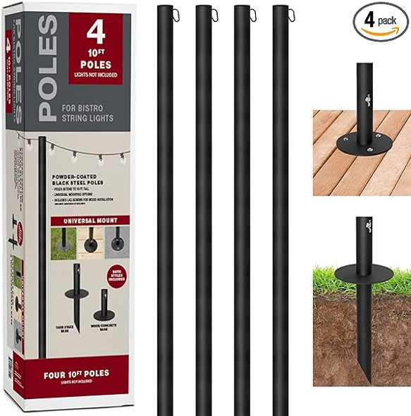 EXCELLO GLOBAL PRODUCTS Bistro String Light Poles 4 Pack EGP-HD-0361 - Black EXCELLO GLOBAL PRODUCTS Bistro String Light Poles 4 Pack EGP-HD-0361 - Black