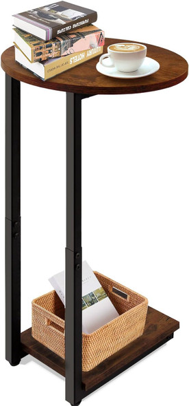 Handwell C-Shaped End Table Snack Side Table for Couch End Table - RUSTIC BROWN