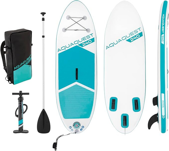 INTEX 8' AquaQuest 240 Inflatable Paddle Board Package 68241EP - AQUA AND WHITE