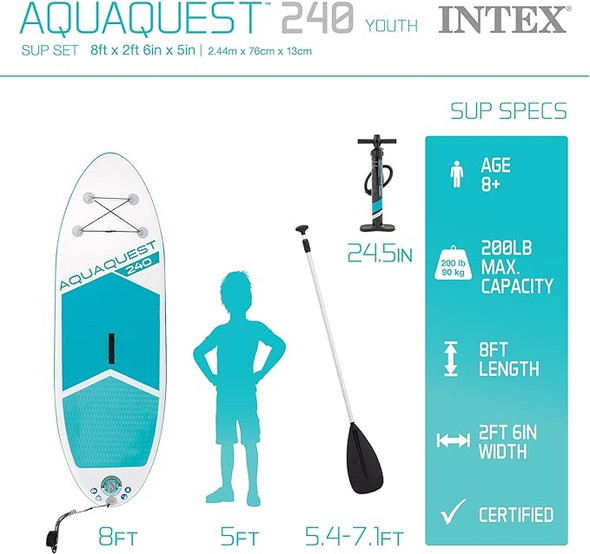 INTEX 8' AquaQuest 240 Inflatable Paddle Board Package 68241EP - AQUA AND WHITE