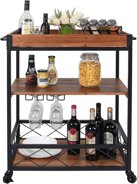 CharaVector Solid Wood Bar Serving Rolling Kitchen Storage Cart Rustic Brown