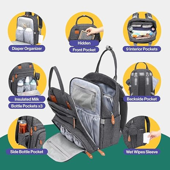 BabbleRoo Diaper Bag Backpack Multi function Waterproof BBR139 - DARK GREY