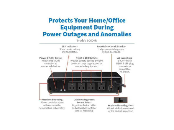 Tripp Lite 600VA 300W 120V Standby Desktop UPS 4 Outlet BC600R