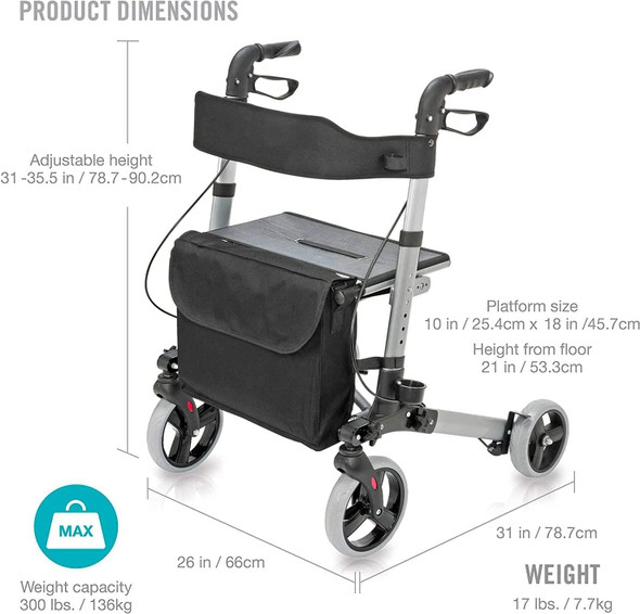 HealthSmart Walker Rollator with Seat and Backrest 501-5012-41001 - Titanium