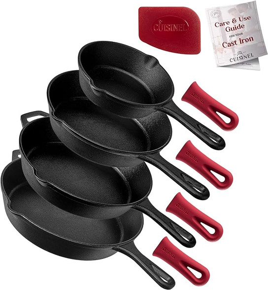 Cuisinel Cast Iron Skillets Set - 4 Piece Chef Pans 6" 8" 10" 12" 4 Heat - Black