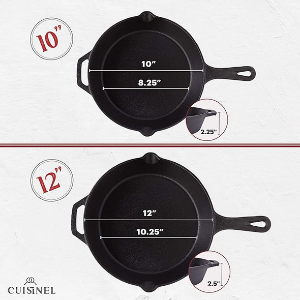 Cuisinel Cast Iron Skillets Set - 4 Piece Chef Pans 6" 8" 10" 12" 4 Heat - Black