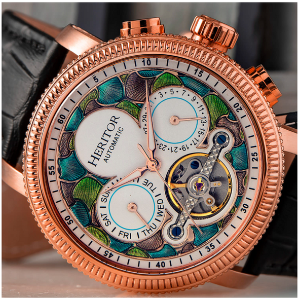 Heritor Automatic Aura Semi-Skeleton Leather Band Watch - BLACK/ROSE GOLD