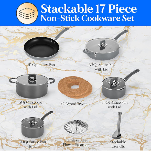 NutriChef 17 Piece Non-Stick Cookware Set, One Size - GREY