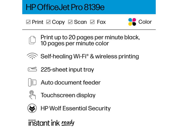 HP OfficeJet Pro 8139e Wireless All-in-One Color Inkjet Printer, Print, scan,