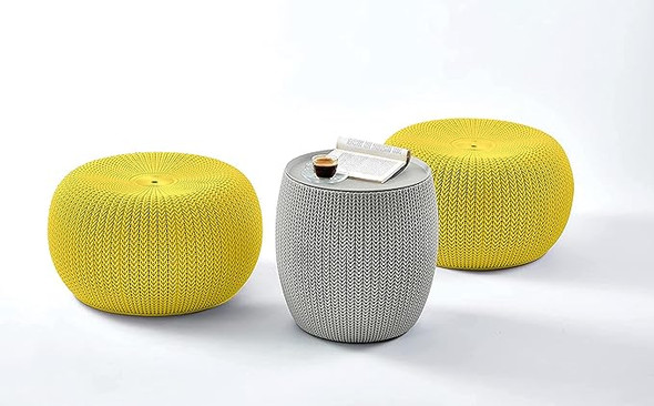 Keter Urban Knit Pouf Ottoman Set of 2 with Storage Table - Yellow & Gray