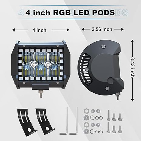 ASLONG 4PCS 4" LED Pods Flood Work Light Bar Multi-Color Chasing RGB - BLACK