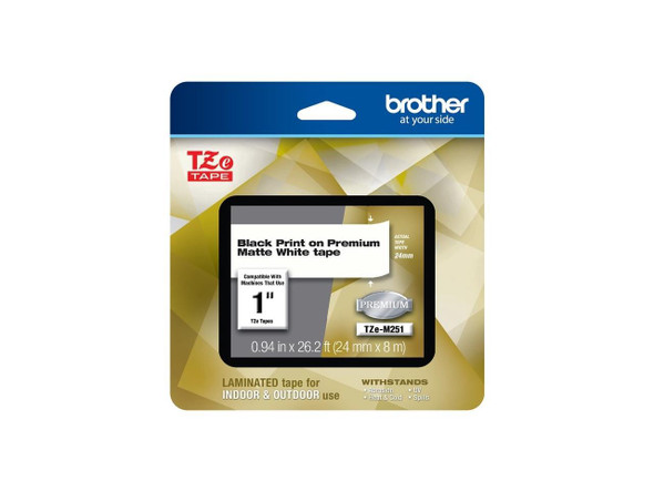 Brother TZeM251 Black Print on Premium Matte White Laminated Tape for P-touch
