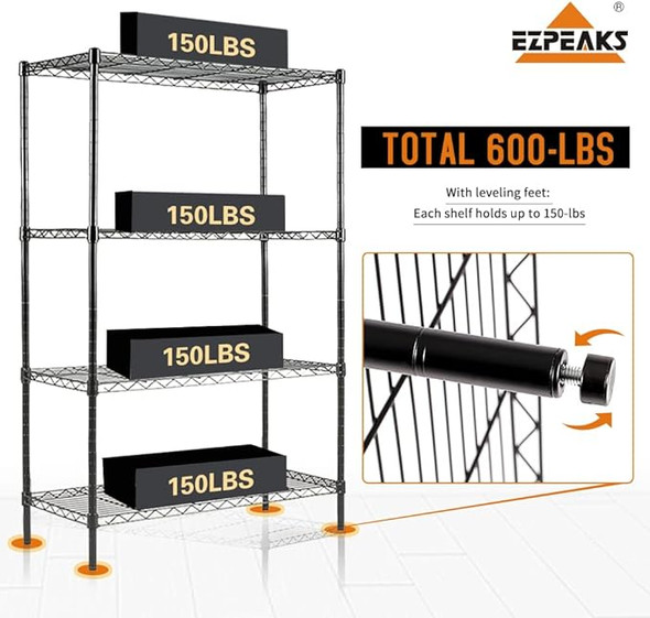EZPEAKS 4-Shelf Shelving Unit Shelf Liners Set of 4 (30W x 14D x 47H) - Black