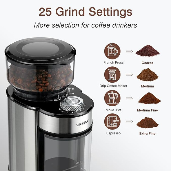 Secura Coffee Grinder Electric Conical Burr Coffee Grinder - Stainless Steel