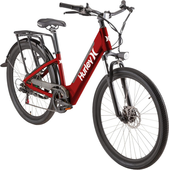 Hurley Pizza Bike 19" Electric Bike, 7-Speed 26" Wheel and Rear Rack - Chili Red