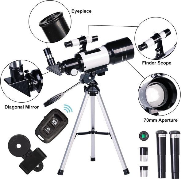 ToyerBee 70mm Aperture Refractor (15X-150X) Portable Travel Telescope - BLACK