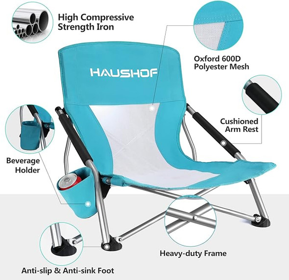 HAUSHOF Low Beach Chair Mesh Back Folding Chair Lightweight Low Seat BLUE/WHITE