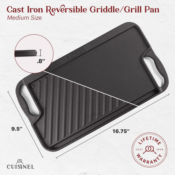 Cuisinel Cast Iron Dual Handle Flat Skillet and Griller Pan CGPD-16-9