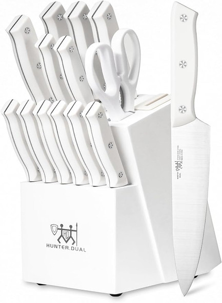 HUNTER.DUAL Knife Set, 15 Piece Kitchen Knife Set Block Self Sharpening - White