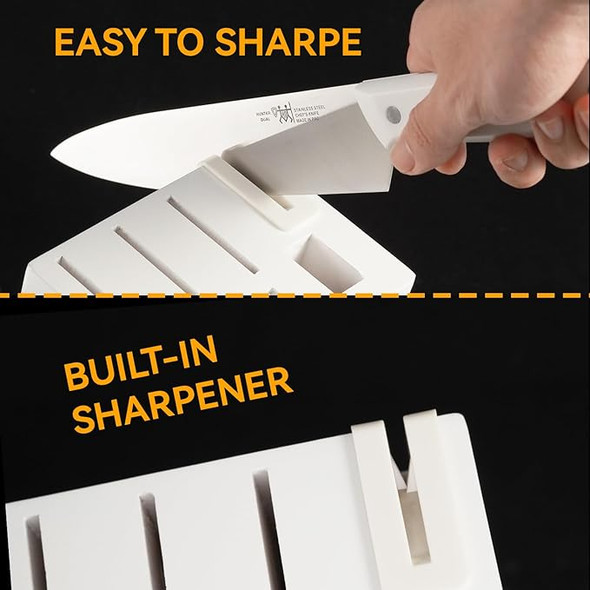 HUNTER.DUAL Knife Set, 15 Piece Kitchen Knife Set Block Self Sharpening - White