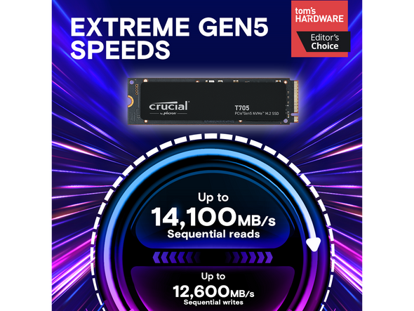 Crucial T705 4TB PCIe Gen5 NVMe M.2 SSD - Up to 14,100 MB/s - Game Ready -