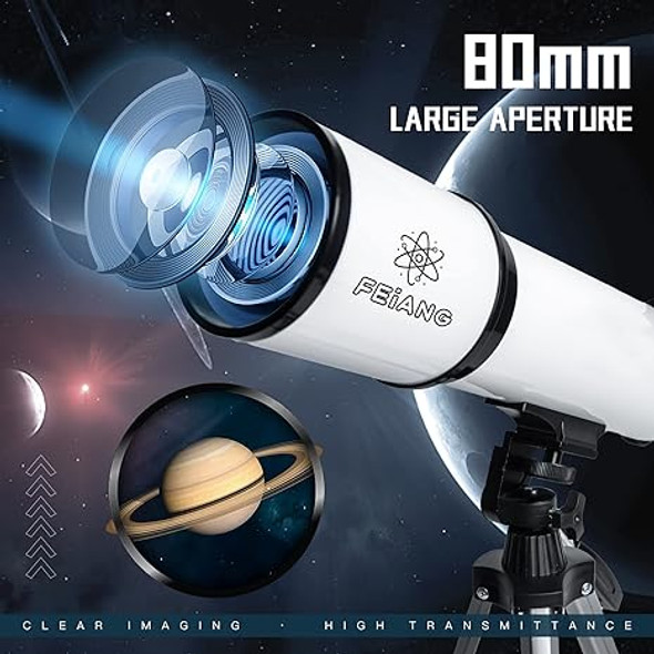 FEIANG 80mm Aperture 600mm Astronomical Telescope 24X-180X 80600 - White