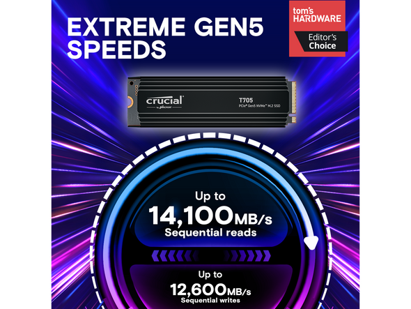 Crucial T705 4TB PCIe Gen5 NVMe M.2 SSD with Heatsink- Up to 14,100 MB/s - Game