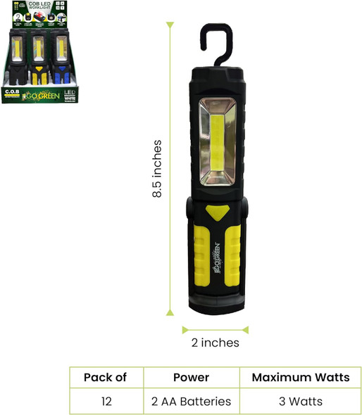 GoGreen Power COB LED Worklight- Magnetic Hanging Hook, Multiple Colors, 12 Pack