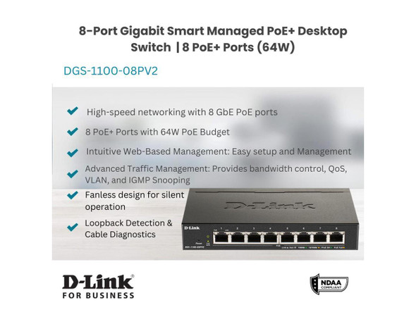D-Link 8-Port Gigabit Smart Managed PoE+ Switch | 8 PoE+ Ports (64W) | Compact