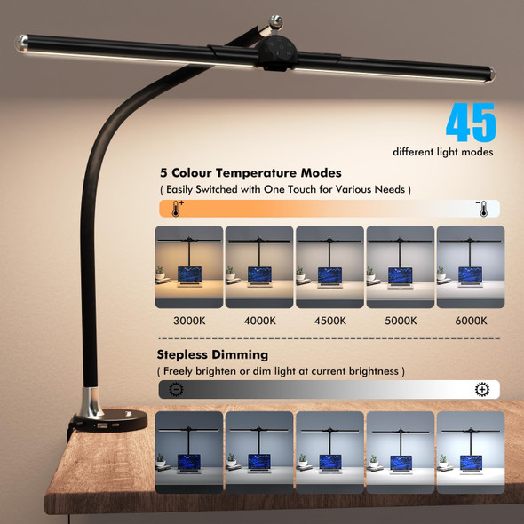 Megainvo LED Desk Lamp w/Clamp, 24W Light, 5 Colors, Timer, MGDL040A - Black