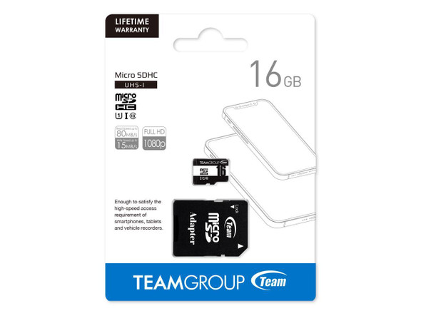 Team 16GB microSDHC UHS-I/U1 Class 10 Memory Card with Adapter, Speed Up to