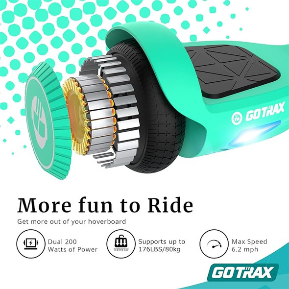 Gotrax Edge Hoverboard 6.5" LED Wheels Headlight 6.2mph 4 Mile Range 200W - Teal