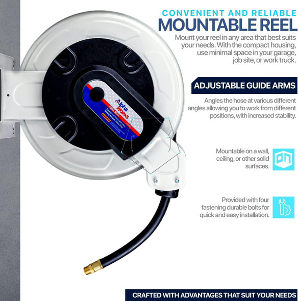 AlphaWorks Mountable Retractable Fuel Hose Reel - 3/4" x 65' Ft, 300 Max PSI, 1"