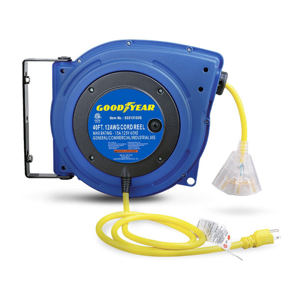 Goodyear Extension Cord Reel - 12AWG x 40' Ft, 3 Grounded Outlets, Max 15A