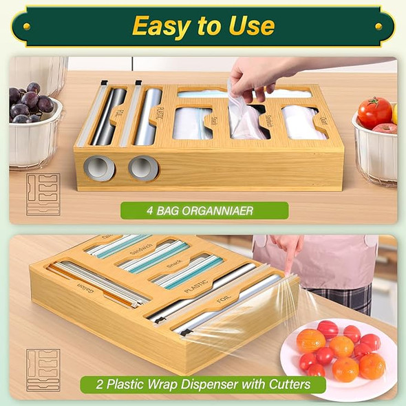 KOCWELL Bag Organizer Plastic Wrap Dispenser Cutter 6 In 1 Bamboo Foil - Yellow