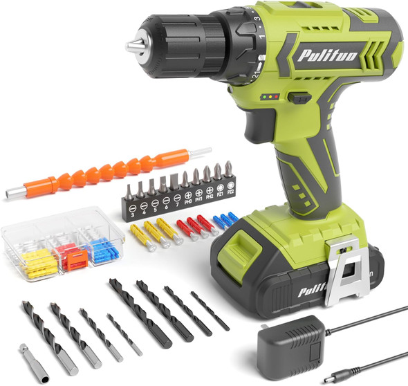 PULITUO Cordless Drill Set 20V Electric w/ Battery & Charger DC-7120S - Green