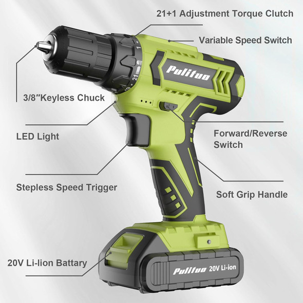 PULITUO Cordless Drill Set 20V Electric w/ Battery & Charger DC-7120S - Green